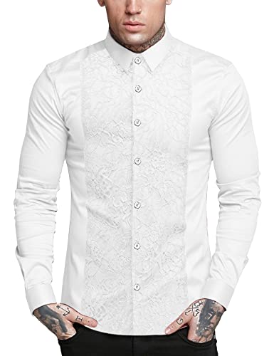 Daupanzees Mens Regular Fit Long Sleeve Elegant Lace Prom Performing Shirts Tuxedo Dress Shirts White #TOP22