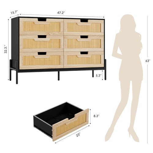 GarveeHome Natural Rattan 6 Drawer Double Dresser, Wooden Chest of Drawer, Farmhouse Storage Cabinet with Solid Metal Legs, Modern Storage Unit for Bedroom, Living Room, Entryway, Black+Oak