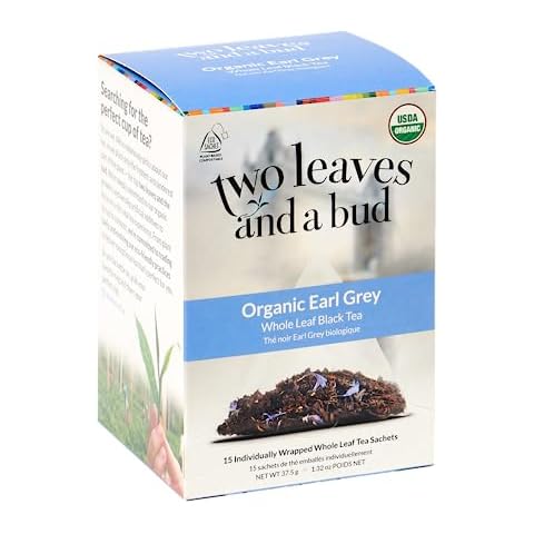 Two Leaves and a Bud Organic Earl Grey Tea Bags, Whole Leaf Caffeinated Black Tea in Compostable Sachets, Caffeinated Black Tea Flavored with Bergamot, Add Milk and Sugar, 15 Count (Pack of 1) Cover