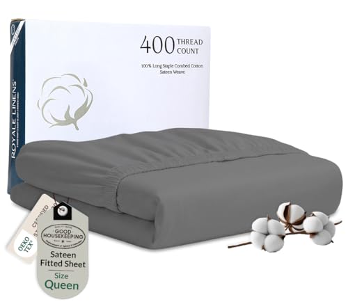 Image of Royale Linen 400 Thread Count Queen Fitted Sheets Only - 100% Cotton Fitted Bed Sheets Queen Size - Luxury Sateen Weave - All Around Elastic Deep Pocket - Durable & Soft -Fit Up To 16 inch (Spanish Slate)
