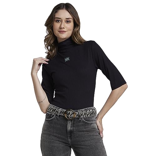 Image of Spykar High Neck 3 /4Th Sleeve Solid Slim Fit T-Shirt for Women