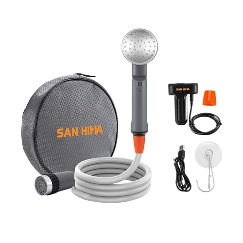 SanHima - Cabezal de ducha y bomba portátil para camping, pulverizador recargable para exteriores con 2 cabezales para viajes, senderismo, lavado de coche, limpieza de mascotas