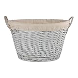 Wicker Oval Shaped Laundry Toy Storage Basket with Handles and Washable Cotton Liner (Grey)