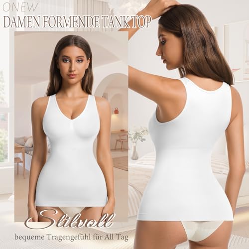 ONEW Shape Unterhemd Damen Bauchweg Shapewear Tank Top Nahtloses Kompressions Camisole Hemdchen Figurformendes Trägertop Body Shaper Weiß M