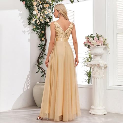 Women's Formal Dresses Long Tulle Evening Gowns A Line Sleeveless Sparkly Sequin Party Guest Homecoming Dress Gold M2