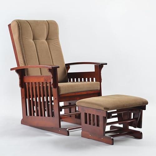 Solid Wood Glider Rocking Chair and Ottoman Set, Rustic Nursery Glider Rocker with Padded Cushion, Smooth Rocking Motion Indoor Living Room Nursing,Napping,Reading, Reddish Brown with Tan