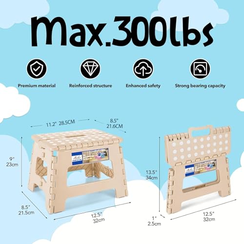 image for ACKO Folding Step Stool 9 Inch 300 lb Capacity, Plastic Foldable Step 