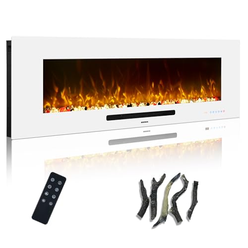 Oxhark Flame 50 inch Electric Fireplace, Recessed & Wall Mounted Fireplace Heater with Remote Control and 750/1500W Thermostat, Multicolor Flame Combinations, Logs & Crystal, White