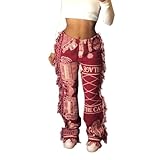 NIFTRIRY Women Hippie Tassel Pattern Printing Elastic Pants Folk Style Ninth Straight Pants Party Music Festival Wear