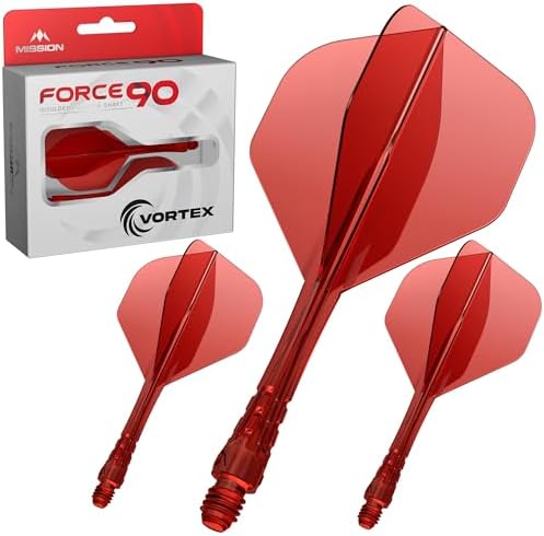 Mission Darts | Force 90 Vortex | Integrated Precision Moulded Dart Flight And Shaft System | Multiple Styles | Multiple Colours. (Standard No2 - Medium, Clear Red)