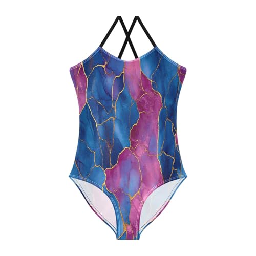 KLL Girls Swimsuits 1-Piecing Beach Swimwear Girls Bathing Suits 4T Marble Royal Blue