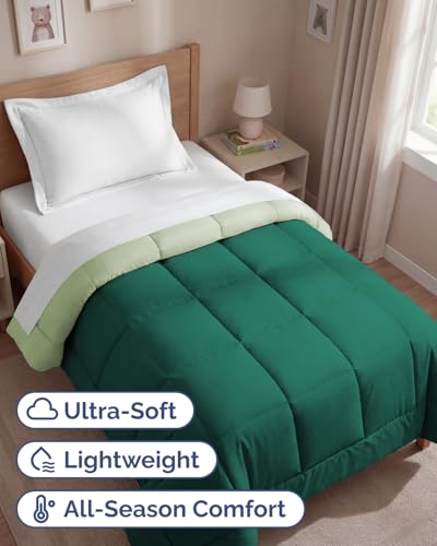 Image of Twin Size, Emerald /Light Sage Green Alternative Down Comforter - Warm & Breathable Hotel Quality Bedding for Men, Women, Kids & Teens - All Season Oversized Cooling Microfiber Duvet Insert Comforter