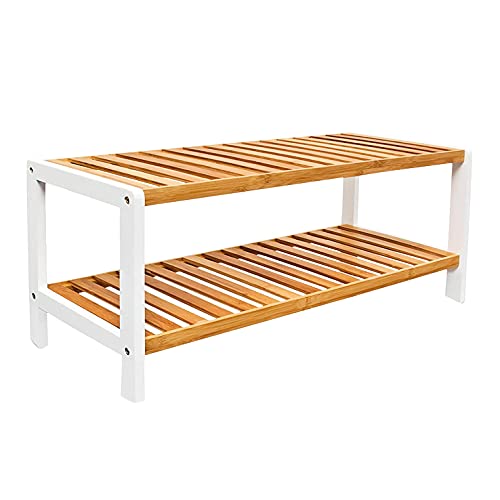 1ABOVE Bamboo Shoe Rack, Plant Rack, Perfect for Corridor, Living Room, Bathroom, Bedroom, Hallway or Small spaces-Parent. (White & Natural, 2 Tier)