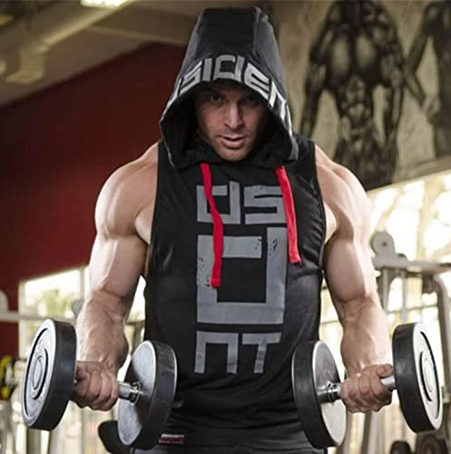 Image of HOT BUTTON Men's Hooded Tank Top | Slim Fit Sleeveless Gym Bodybuilding Stringer | Quick Dry Sports Training Vest Graphic Printed Hoodie for Men
