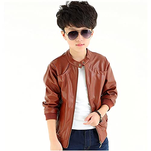 Toddler Kids Boys Zipper Leather Jackets Motorcycle Faux Leather Coats Fall Winter Outerwear Coat (Brown, 6-7 Years)2