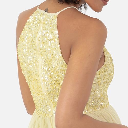 Maya Deluxe Damen Maya Deluxe Womens Ladies Bridesmaid Maxi Dress Halter Neck Sequin Embellished Prom Graduation Wedding Brautjungfernkleid, Lemon, 5