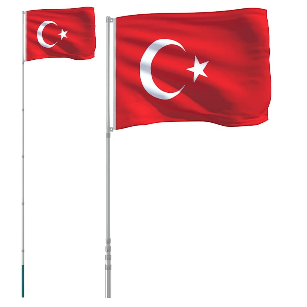 Bandera turca de 90 x 150 cm con mástil de aluminio de 5,5 m, poliéster resistente a la intemperie, barra telescópica con casquillo de suelo, ideal para jardín, balcón, fiesta, festival, casa y