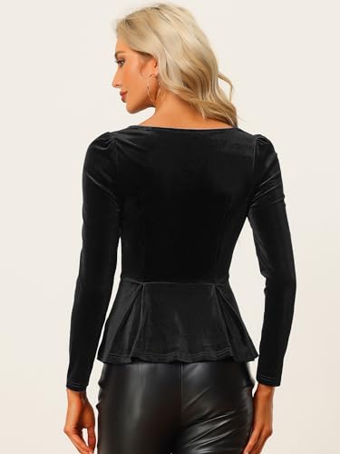 Image of Allegra K Velvet Blouse for Women's Elegant Sweetheart Neck Long Sleeve Peplum Top
