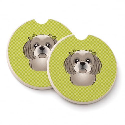 Caroline's Treasures BB1312CARC Checkerboard Lime Green Gray Silver Shih Tzu Set of 2 Cup Holder Car Coasters Absorbent Sandstone Coasters for Car Cup Holders Gifts for Men or Women, Large, Multicolor