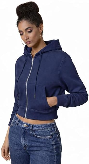 Soft Fleece Solid Long Sleeve Drawstring Crop Zipper Jacket Hooded Full Zip Up Sweatshirt for Women's Girl's Winter Wear Crop Hoodie