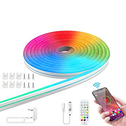 RGB Néon Ruban Led Lumineuse,Bluetooth Bande Led Avec Télécommande, Synchronisation Musicale Et Fonction,12V Silicone Ip65 Etanche Flexible Néon Lumière Pour Diy Décoration (2M)