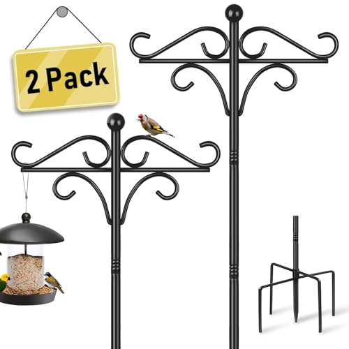 Lot de 2 Supports mangeoires à Oiseaux, 195 cm sur Pied, mâts et Crochets en métal Robuste pour mangeoire à Oiseaux Sauvages avec Crochet pour Lanterne...