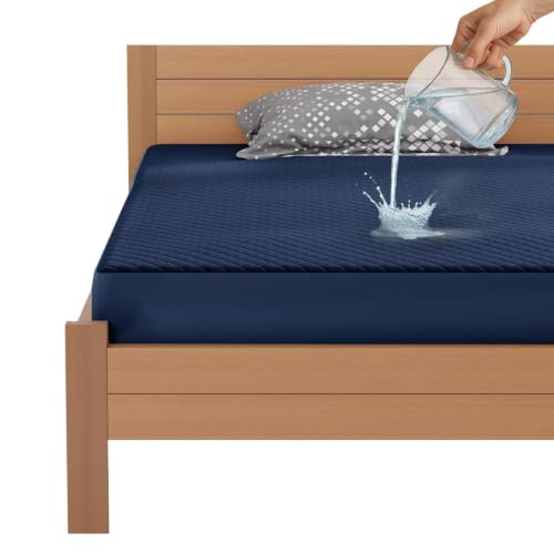 Image of Lukzer 100% Waterproof Quilted Mattress Protector Blue Single Bed 78 x 36 Inches (6.5 x 3 ft) Cotton-Feel Bed Protector Soft Noiseless Hypoallergenic Breathable Elastic Fitted Mattress Cover /Bed Cover