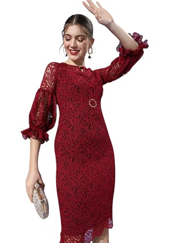 Image of Miss Chase Womens Bodycon Square Puff Sleeve Solid Lace Overlaid Ankle Length Dress