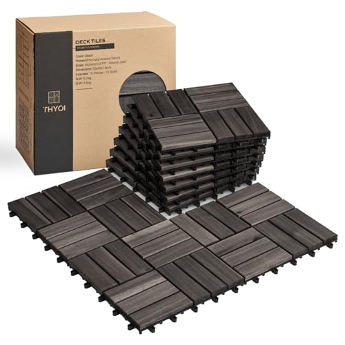THYOI Premium Deck Tiles Patio Flooring - Set 10 Pcs 12x12x0.9 Interlocking Deck Tiles Waterproof Acacia Wood for Balcony Backyard Indoor & Outdoor (Black Crossed Pattern Round Joints)
