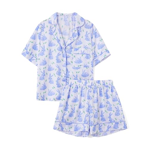 Image of Women Easter Pajamas Set Cute Bunny Button Down Shirt and Shorts 2 Piece Pj Set Y2K Easter Outfits