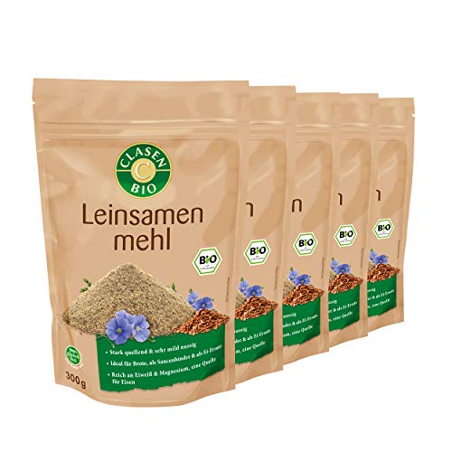 CLASEN BIO – Leinsamenmehl 5x300g Bundle – Leinsamen gemahlen stark quellend & mild nussig – Flax Seed Flour für Brote, als Saucenbinder & Ei-Ersatz – Spezialmehl reich an Eiweiß, Magnesium & Eisen