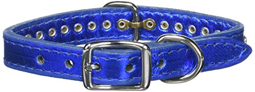 Image of Signature Leather Crystal Dog Collar, Metallic Blue Solid Grain Leather, Fits 7.5 inch-9.5 inch Neck Size, 12 inch Overall Length