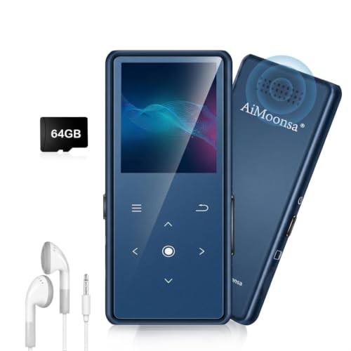 Image of 64GB MP3 Player with Bluetooth 5.2, AiMoonsa Music Player with Built-in HD Speaker, FM Radio, Voice Recorder, HiFi Sound, E-Book, Earphones Included, Blue