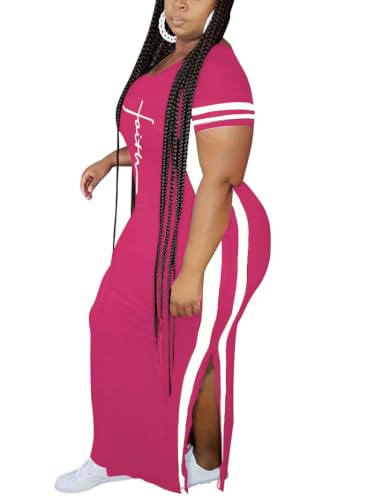 Image of PINSV Women Plus Size Maxi Dress Summer Short Sleeve Split Long Dress