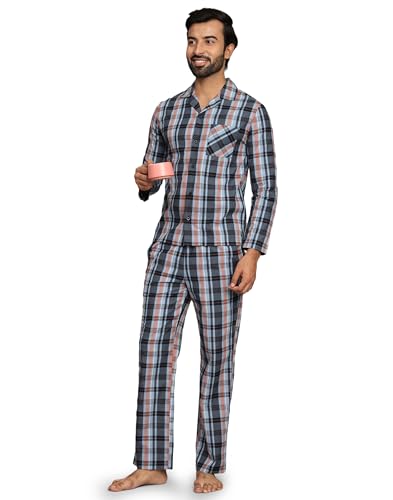 Image of B STORIES Men's 100% Cotton Full Sleeve PJ Set - Checkered Nightwear Set | Soft Loungewear | Comfortable Sleepwear | Stylish Casual Home Wear Shirt & Pant (S-XXL)