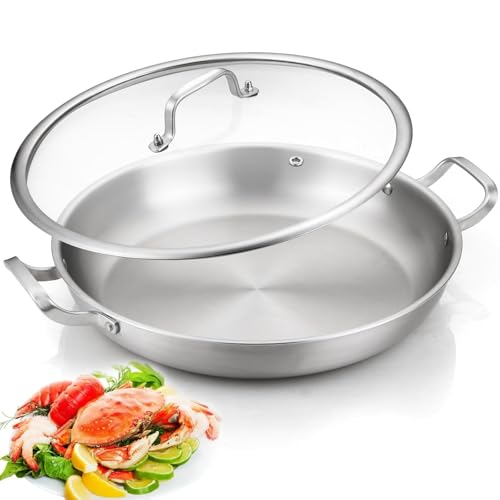 Comparison: Best Stainless Paella Pan 8 DELARLO Paella Pan 14 Inch Tri-Ply Stainless Steel Paella Pan with Lid, Jumbo Frying Pan, kitchen Induction Large Skillets,Great for Paella Parties Indoors Outdoors,Heavy Duty Style