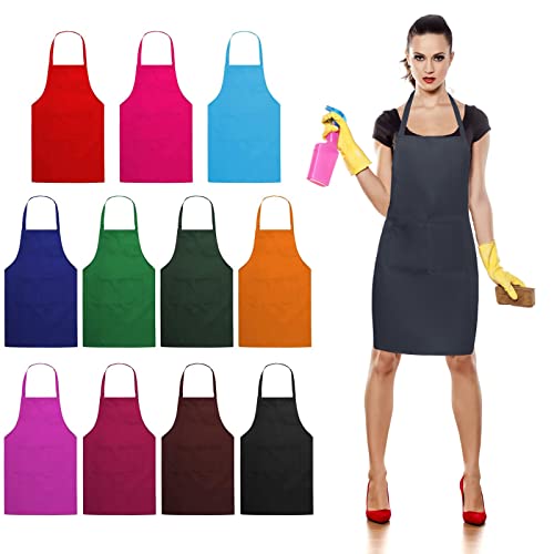 TRENDBOX Total 11 PCS Plain Color Bib Apron Adult Women Unisex for Waist size 23' to 35' Durable Comfortable with Front Pocket Washable For Cooking Baking Kitchen Restaurant crafting