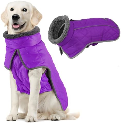 Fragralley Dog Coat Large, Waterproof Dog Jacket with Warm Fleece Lining, Adjustable Reflective Dogs Winter Coat, Turtleneck Pet Coats for Cold Weather (Purple XL)
