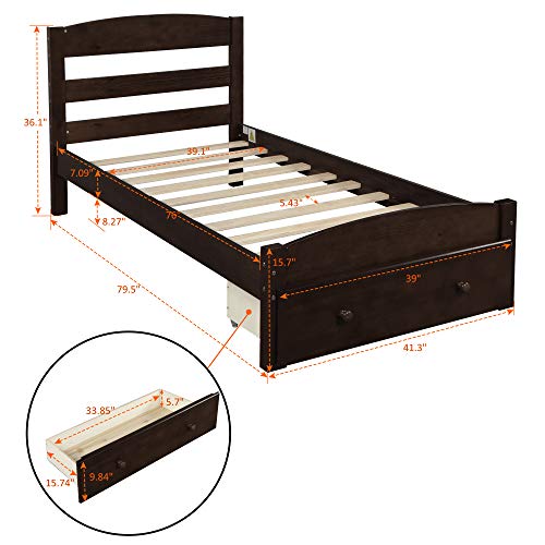 Softsea Twin Bed Frame With Headboard And Drawers/No Box Spring/Slat Support, Solid Wood Platform Bed Frame Suitable For Kids, Teens And Adult (Espresso) #TOP1