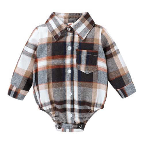 Image of HAPPYMA Newborn Baby Boy Girls Plaid Outfit Flannel Romper Tops Infant Long Sleeve Button Down Plaid Casual Bodysuit Clothes
