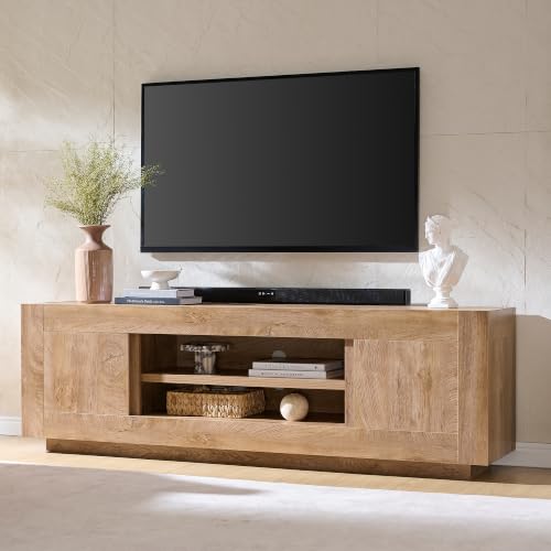 OKD 70″ Modern TV Stand for 80″ TV, Thick Block TV Console,Light Knotty Oak | Open Storage, Side Cabinets, Soft Close Door, Cable Management, Low Profile Entertainment Center for Living Room