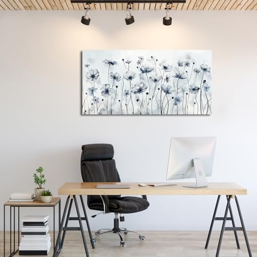 Image of VEAEE Framed Flowers Canvas Wall Art - Indigo Floral Canvas Pictures, Living Room Wall Decor, Botanical Canvas Prints Painting Abstract Artwork Bedroom Office Home Decor 20 inchx 40 inch