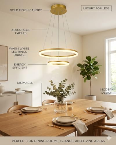 Image of SINOMAN Modern Contemporary Spiral LED 2 Ring Chandelier Hanging Ceiling Pendant Light - Adjustable Height with 3 Color Lighting Modes Ideal for Living Room /Bedroom /Home (Gold)