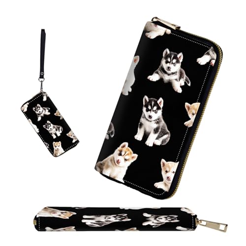 RFID-Blocking Zip Around Wallets for Women with Detachable Wrist Strap,Large Capacity Phone Holder with Card Organizer & Coin Pocket,Husky Puppies
