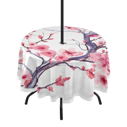Wajiw 60 Inch Indoor Outdoor Round Tablecloth with Umbrella Hole and Zipper Waterproof Patio Table Cover for Camping Dining Room Party Outdoor Picnic,Pink Blossom