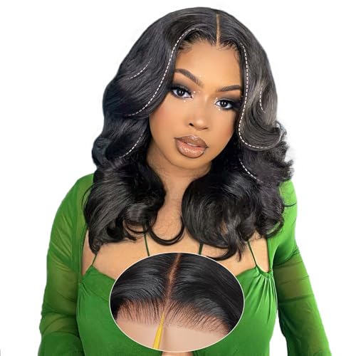 tunfine Layered Cut Curtain Bangs Face-Framing Bob Wig Human Hair 9x6 Glueless Wigs Pre Plucked Pre Cut HD Lace 200 Density Loose Body Wave Ready to Wear Wigs Glueless Human Hair for Women 16 Inch