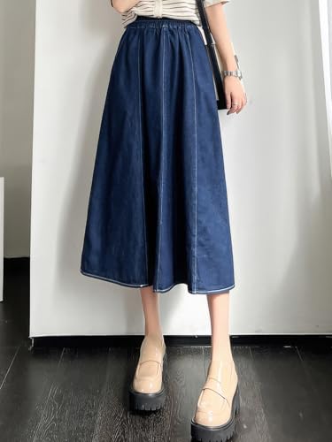 ebossy Womens Long Denim Skirt Casual High Waisted A-Line Flared Midi Jean Skirt with Pockets4