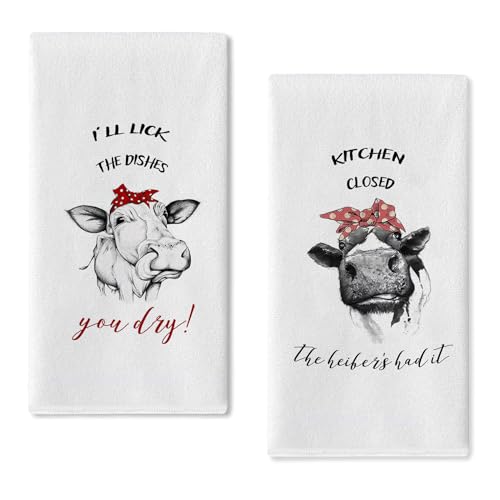 Seliem Funny Farm Cow Kitchen Dish Towel Kitchen Closed The Heifers Had it Ill Lick The Dishes You Dry Sign Tea Bar Hand Drying Cloth Country Farmhouse Humor Animal Decor Home Decorations 18 x 26