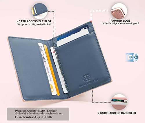 Image of The Tanned Cow- Slim Minimalist Cardholder Wallet for Men Women, Mini Thin Leather Bifold, Compact, Front Pocket Credit Card Holder with RFID Blocking,Gift Box (Napa leather, Rose Quartz /Blue Grey)