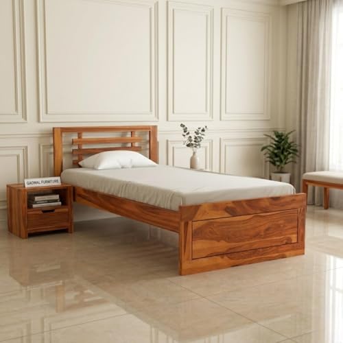 Image of Solid Sheesham Wooden Bed 6X4 Bed Single Bed Without Storage for Bedroom - Single Cot Wooden BedSingle Size for Living Room Guest Room - 12 Month Warranty (Mateo Honey)